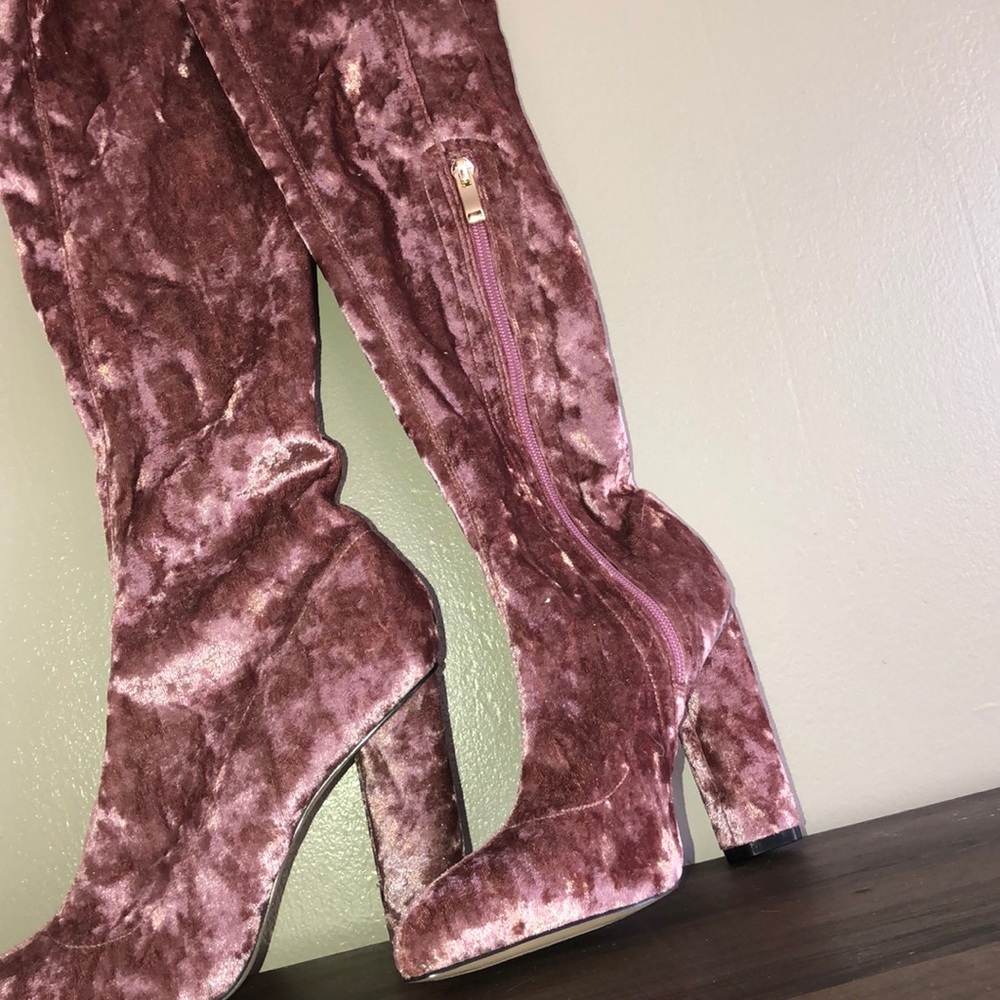 Pink velvet thigh high boots
